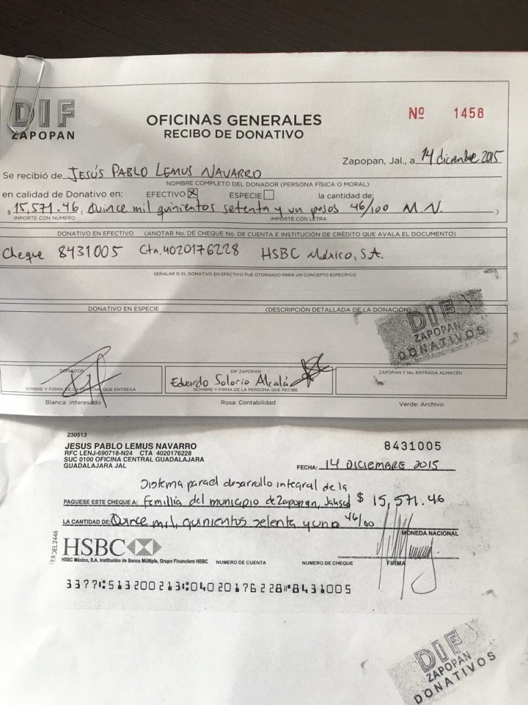 Recibo donación DIF Zapopan Pablo Lemus