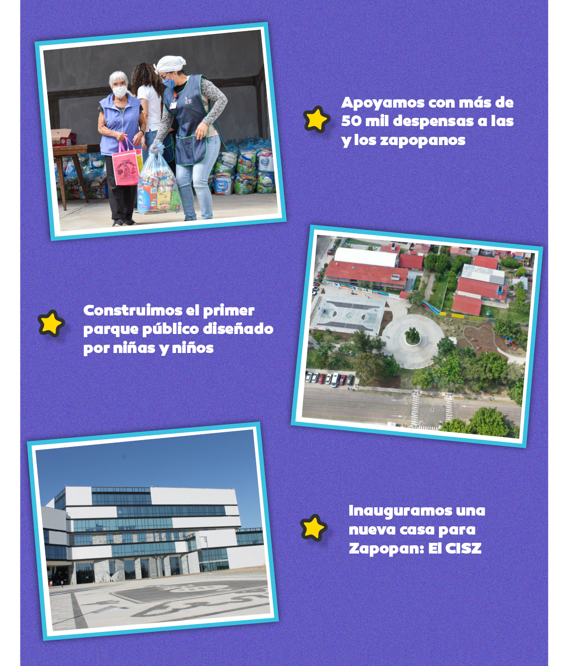  Apoyamos con más de 50 mil despensas a las y los zapopanos. Construimos el primer parque público diseñado por niñas y niños. Inauguramos una nueva casa para Zapopan: El CISZ.