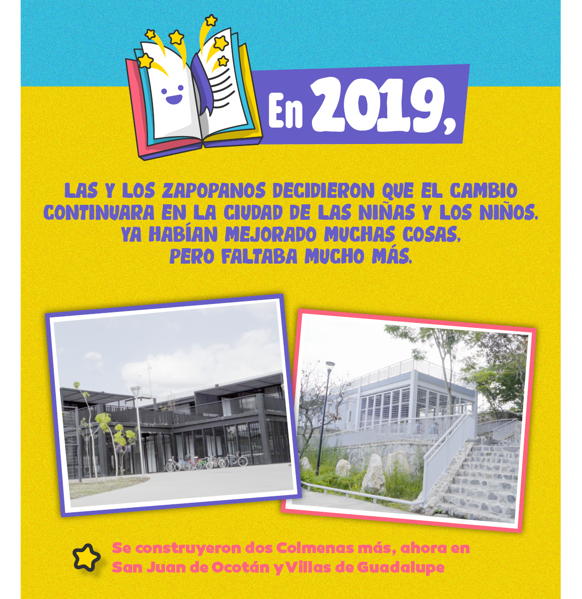 En 2019, las y los zapopanos decidieron que el cambio continuará en la ciudad de las niñas y los niños, ya habían mejorado muchas cosas, pero faltaba mucho más. Se construyeron dos Colmenas más, ahora en San Juan de Ocotán y Villas de Guadalupe.