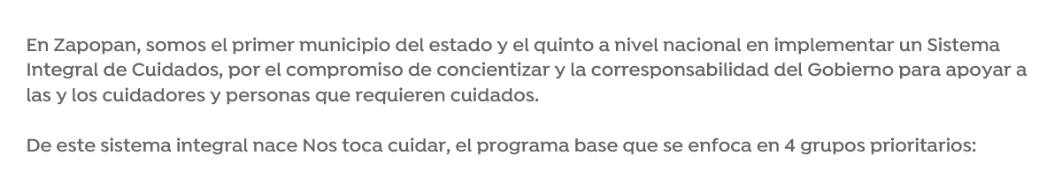 En Zapopan, somos el primer municipio del estado y el quinto a nivel nacional en implementar un Sistema Integral de Cuidados, por el compromiso de concientizar y la corresponsabilidad del Gobierno para apoyar a las y los cuidadores y personas que requieren cuidados En Zapopan, somos el primer municipio del estado y el quinto a nivel nacional en implementar un Sistema Integral de Cuidados, por el compromiso de concientizar y la corresponsabilidad del Gobierno para apoyar a las y los cuidadores y personas que requieren cuidados