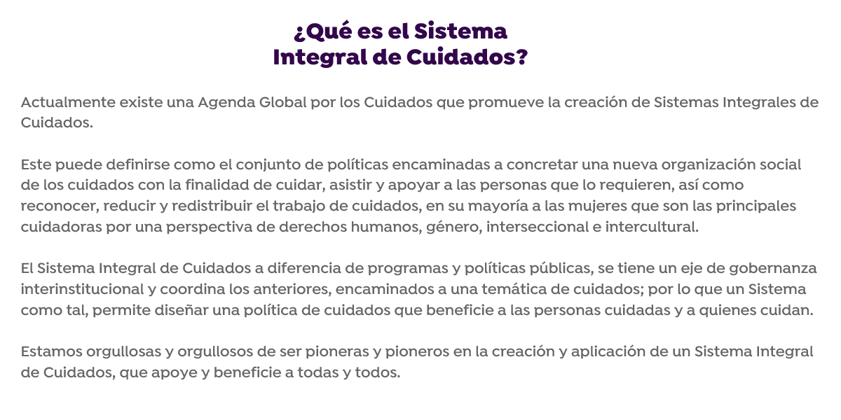 Actualmente existe una Agenda Global por los Cuidados que promueve la creación de Sistemas Integrales de Cuidados. Este puede definirse como el conjunto de políticas encaminadas a concretar una nueva organización social de los cuidados con la finalidad de cuidar, asistir y apoyar a las personas que lo requieren, así como reconocer, reducir y redistribuir el trabajo de cuidados, en su mayoría a las mujeres que son las principales cuidadoras por una perspectiva de derechos humanos, género, interseccional e intercultural.